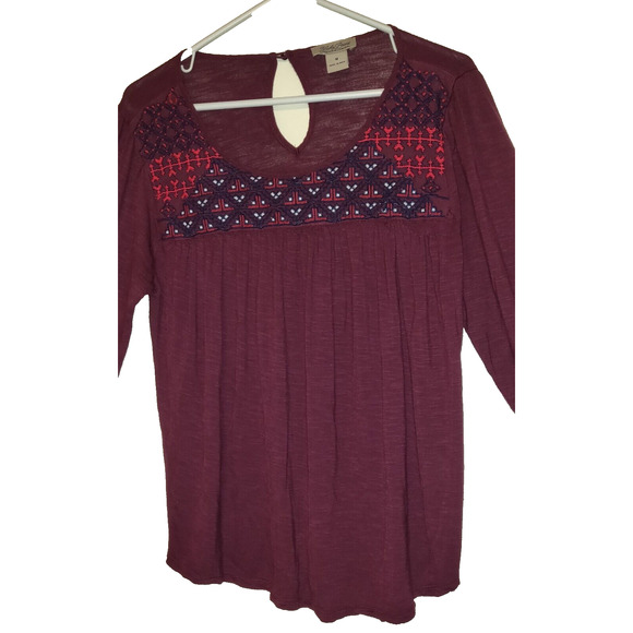 Lucky Brand Peasant Top Shirt BOHO Embroidery SIZE M Medium BURGUNDY Bohemian - Picture 2 of 12